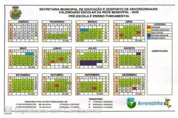 Calendário escolar da Pré escola e Ensino Fundamental