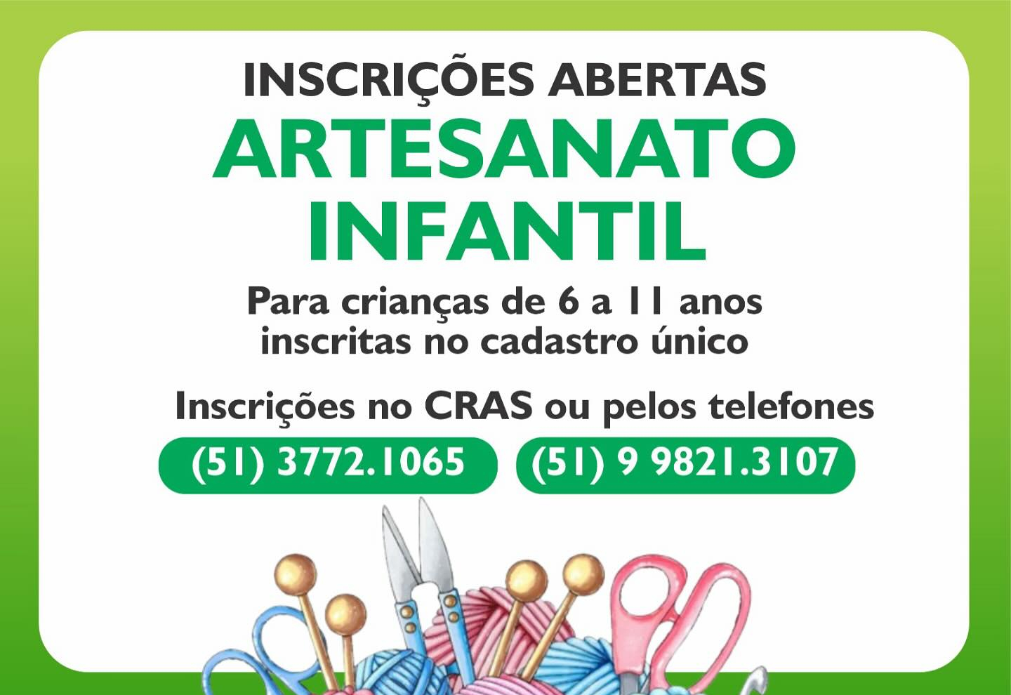 Inscrições Abertas - Oficina de Artesanato Infantil do CRAS