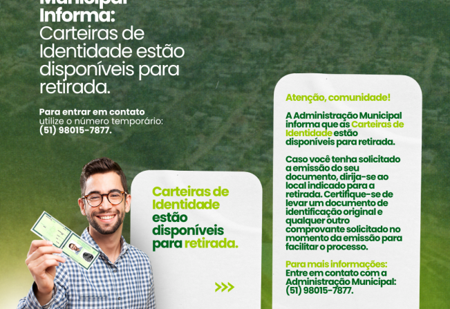  Carteiras de Identidade estão disponíveis para retirada.