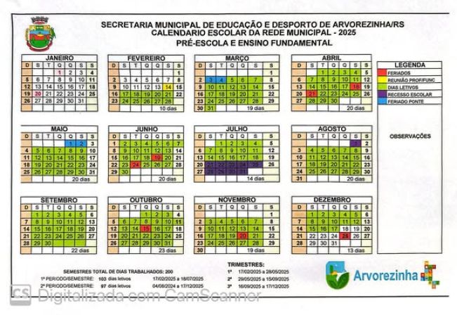 Calendário escolar da Pré escola e Ensino Fundamental