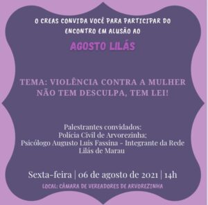 O CREAS ARVOREZINHA CONVIDA PARA ENCONTRO EM ALUSÃO AO AGOSTO LILÁS