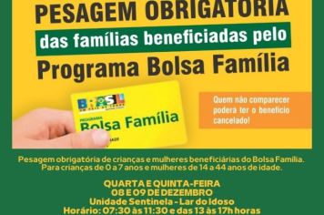 Beneficiários Bolsa Família devem voltar a fazer pesagem obrigatória de crianças e mulheres Dias 08 e 09 de Dezembro‼
