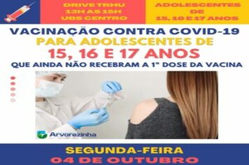 ATENÇÃO‼️ SEGUNDA-FEIRA, 04 DE OUTUBRO,  PESSOAS DE 15, 16 E 17 ANOS QUE AINDA NÃO SE VACINARAM PODERÃO RECEBER A 1ª DOSE DA VACINA CONTRA O CORONAVÍRUS