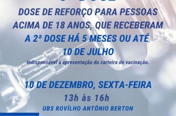 3ª DOSE DA VACINA CONTRA COVID-19 SERÁ NA SEXTA-FEIRA, 10 DE DEZEMBRO