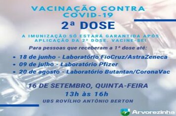 ATENÇÃO‼️  2ª DOSE DA VACINA CONTRA A COVID-19 SERÁ NA QUINTA-FEIRA, 16 DE SETEMBRO