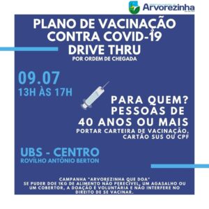 ATENÇÃO‼ SEXTA-FEIRA 09 DE JULHO‼ PESSOAS ACIMA DE 40 ANOS COMPLETOS PODERÃO RECEBER A 1ª DOSE  DA VACINA CONTRA A COVID-19