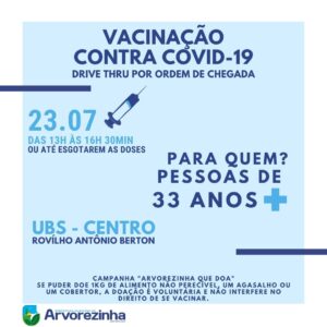 ATENÇÃO DIA 23/07 – SEXTA-FEIRA É DIA DE VACINAÇÃO CONTRA COVID-19‼  PESSOAS DE 33 ANOS COMPLETOS OU + PODERÃO RECEBER A 1ª DOSE  DA VACINA