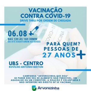 ATENÇÃO DIA 06/08 – SEXTA-FEIRA É DIA DE VACINAÇÃO CONTRA COVID-19‼  PESSOAS DE 27 ANOS  PODERÃO RECEBER A 1ª DOSE  DA VACINA