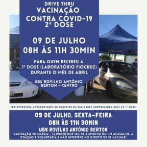 ATENÇÃO‼️ 2ª DOSE DA VACINA CONTRA A COVID-19 PARA  PESSOAS QUE RECEBERAM A 1ª DOSE (LABORATÓRIO FIOCRUZ) DURANTE O MÊS DE ABRIL, SERÁ NA SEXTA-FEIRA 09 DE JULHO