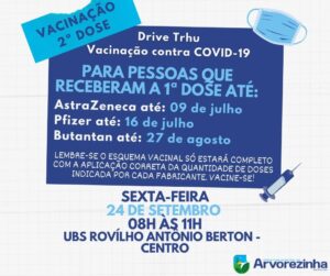 ATENÇÃO‼️ 2ª DOSE DA VACINA CONTRA A COVID-19 SERÁ NA SEXTA-FEIRA, 24 DE SETEMBRO