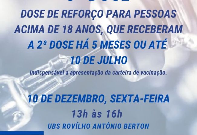 3ª DOSE DA VACINA CONTRA COVID-19 SERÁ NA SEXTA-FEIRA, 10 DE DEZEMBRO