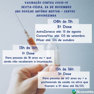VACINAÇÃO CONTRA COVID-19 SERÁ NESTA SEXTA-FEIRA, 26 DE NOVEMBRO‼ CONFIRA O CALENDÁRIO